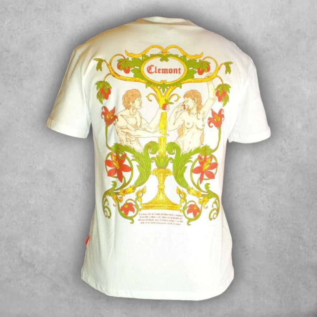 Clásico con un giro moderno: Clemont reinventa una escena bíblica con una propuesta visual audaz, donde las líneas barrocas y los colores vivos contrastan con la base blanca.